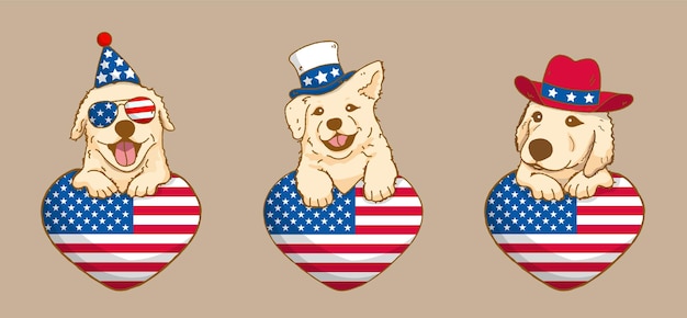 Vector leuke golden retriever-hond met amerikaanse vlag, hitte amerikaanse onafhankelijkheidsdag 4 juli en herdenkingsdag