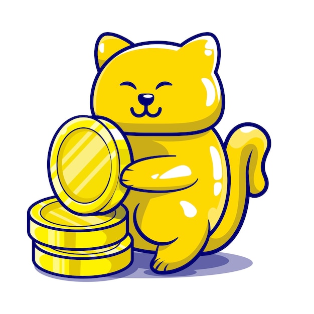 Leuke gouden kattenmascotte die gouden muntstukken houdt