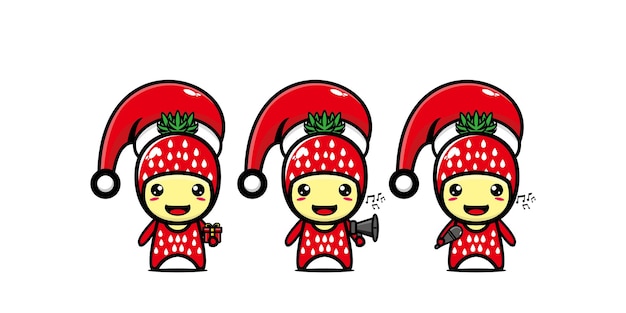 Leuke grappige aardbei karakter vieren kerst Vector platte lijn kawaii stripfiguur