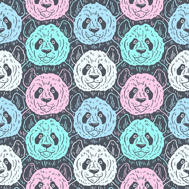 Vector leuke grappige cartoon panda naadloze patroon vector illustratie hand getekend in lijnen trendy doodle background