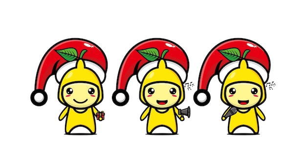 Leuke grappige citroen fruit karakter vieren kerst Vector platte lijn kawaii stripfiguur