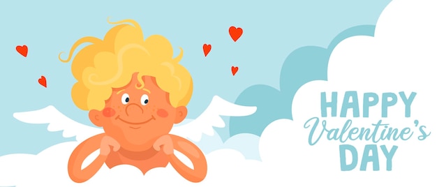 Vector leuke grappige cupido ligt op een wolk. happy valentijnsdag cartoon banner of kaart