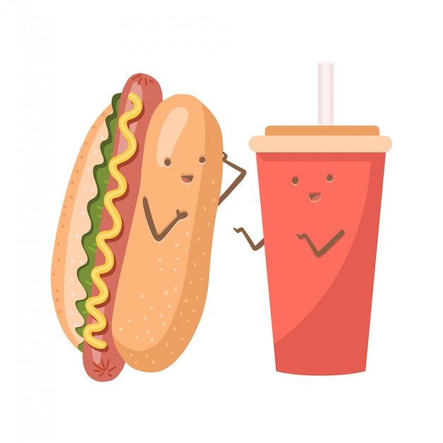 Leuke grappige glimlachende gelukkige hotdog en sodawaterkop. platte cartoon kawaii karakter illustratie.