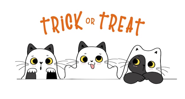 Leuke grappige kat speelse geest trick or treat happy halloween kostuum cartoon doodle platte vector