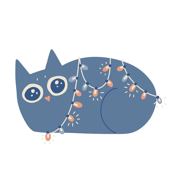 Leuke grappige kerst kat in string lights slinger uit de vrije hand geïsoleerde element vector platte illustratie...