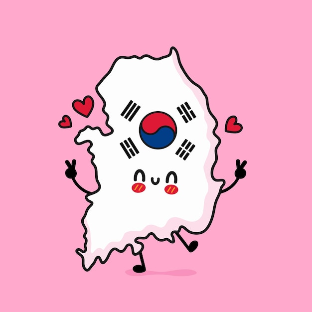 Vector leuke grappige lachende gelukkig zuid-korea kaart en vlag karakter vector cartoon karakter illustratie pictogram ontwerp zuid-korea kaart overzicht concept