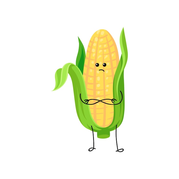 Vector leuke grappige maïskolf met gele likdoorns en groene bladeren cartoon karakter vector illustratie op een witte achtergrond