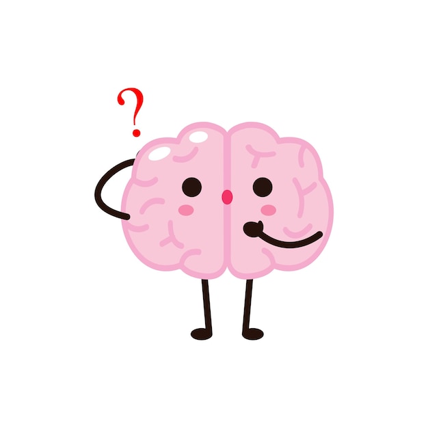 Leuke grappige menselijke hersenen karakter met met vraagtekens, Vector illustratie kawaii pictogram ontwerp
