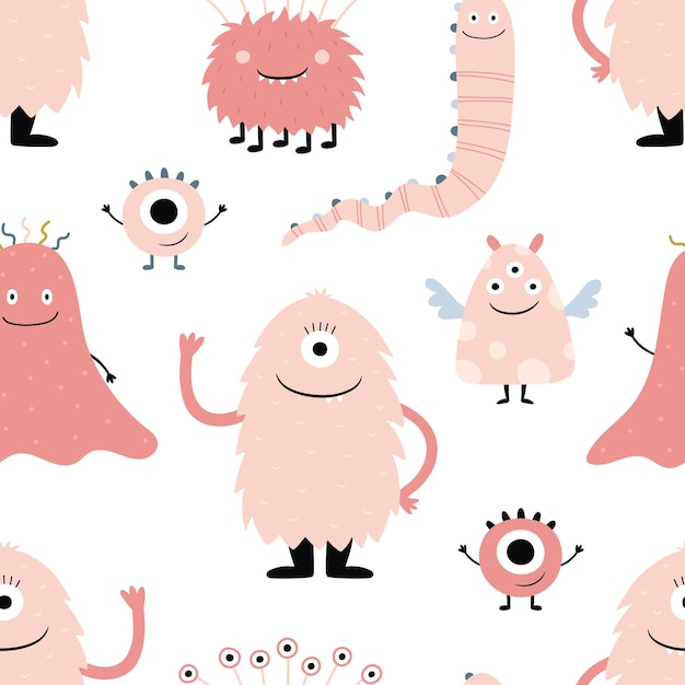 Leuke grappige monsters Naadloos patroon met roze stripfiguren Vectorillustratie