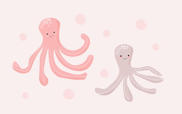 Leuke grappige octopus set geïsoleerd in roze en grijze kleuren. kinderkledingontwerp met zeedier