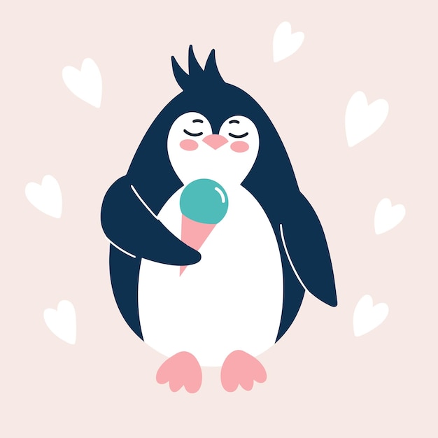 Vector leuke grappige pinguïn met ijs eenvoudige baby vector illustratie vogel zuidpool karakter geïsoleerd op witte achtergrond