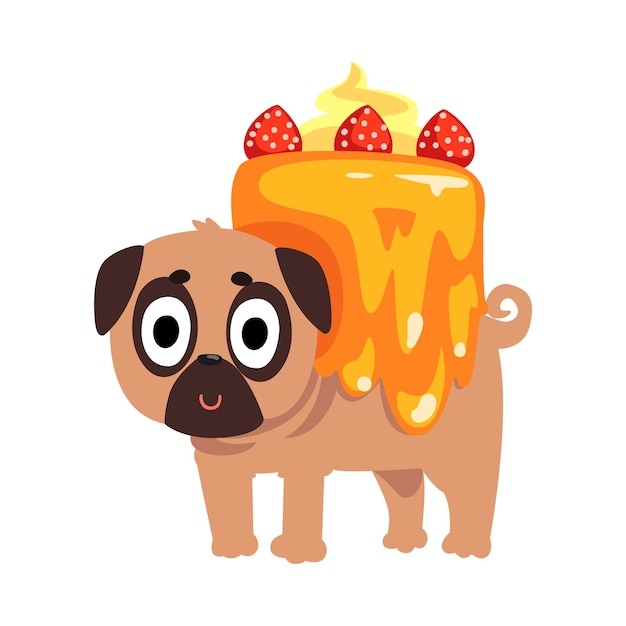 Vector leuke grappige pug dog karakter binnen zoete taart vector illustratie geïsoleerd op een witte achtergrond.