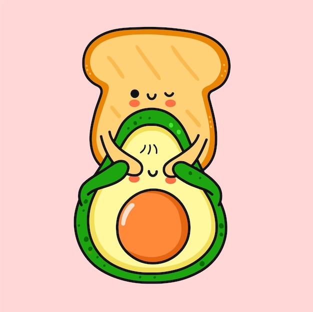 Leuke grappige toast maken avocado surprisevector hand getekende cartoon doodle kawaii karakter illustratie pictogram Avocadohealthy foodtoast cartoon karakter kaart concept