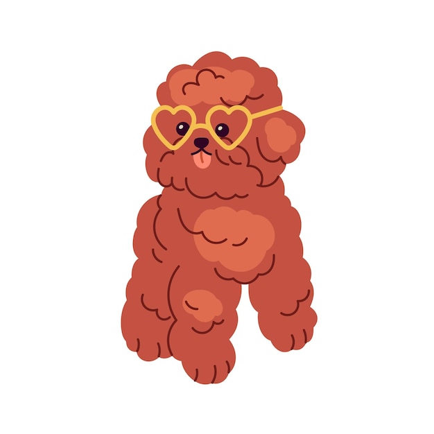 Vector leuke grappige toy poodle kleine hond die een hartbril draagt gelukkige miniatuur hondje vermakelijke kleine puppy met tong uit puppy met pluizige haar platte grafische vectorillustratie geïsoleerd op witte achtergrond