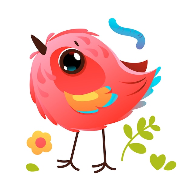 Leuke grappige vogel Vogels met worm en bloem Vector dier karakter in cartoon stijl