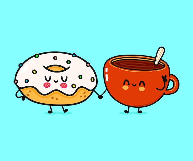 Leuke grappige vrolijke kop koffie en donut karakter