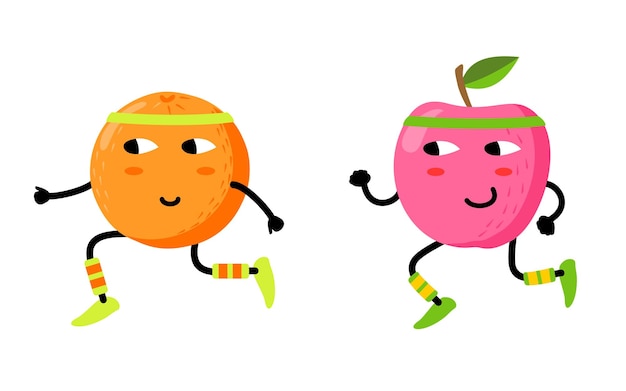 Leuke grappige vruchten joggen Grappige gezondheid en fitness illustratie met Cartoon appel en oranje personages Kawaii stijl Fruits workout personages concept