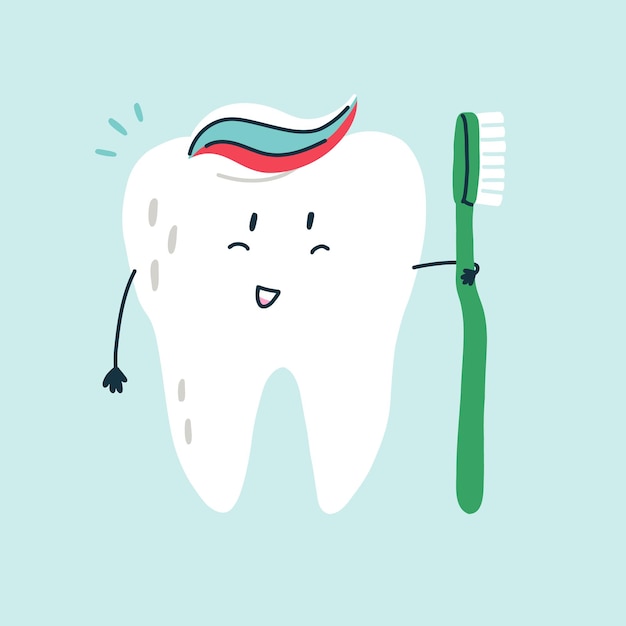 Leuke grappige witte tand met tandpasta en een tandenborstel