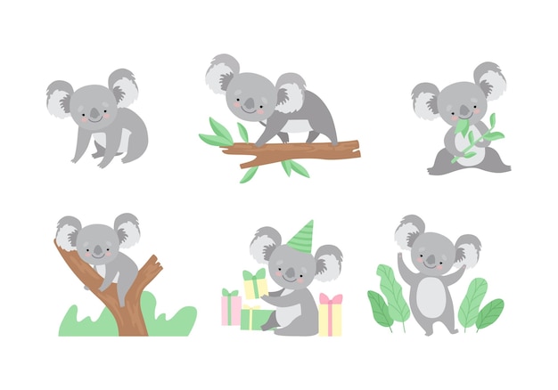 Leuke grijze koala met grote oren die zich bezighouden met verschillende activiteiten.