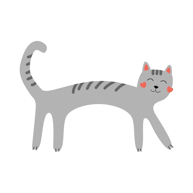 Vector leuke grijze vectorkat in een vlakke stijl. gestreepte kat met hartvormige wangen. cartoon kat.