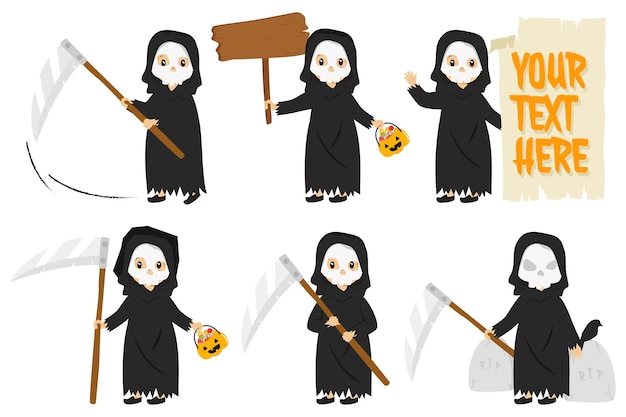 Vector leuke grim reaper boy en halloween elementen vector set