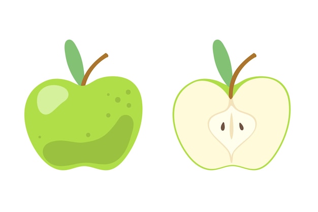 Leuke groene appel, geheel en gesneden. fruit symbool. illustratie in platte cartoonstijl op wit wordt geïsoleerd