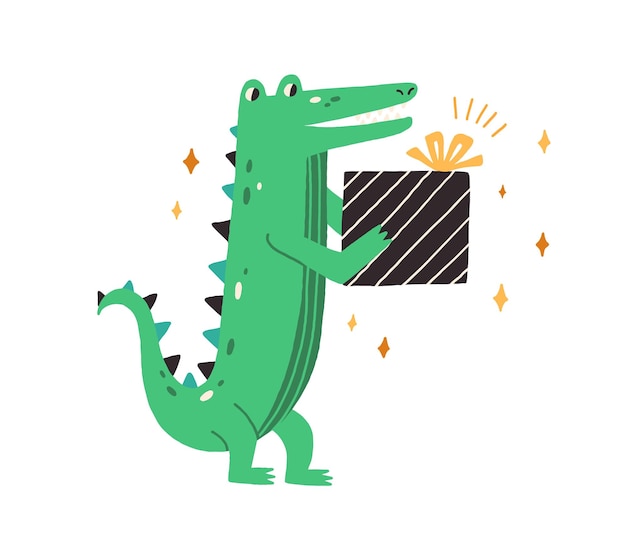 Leuke groene krokodil met verjaardagscadeau. Babydier in scandi-stijl. Kleine lachende alligator met heden in poten. Gekleurde platte vectorillustratie geïsoleerd op een witte achtergrond.