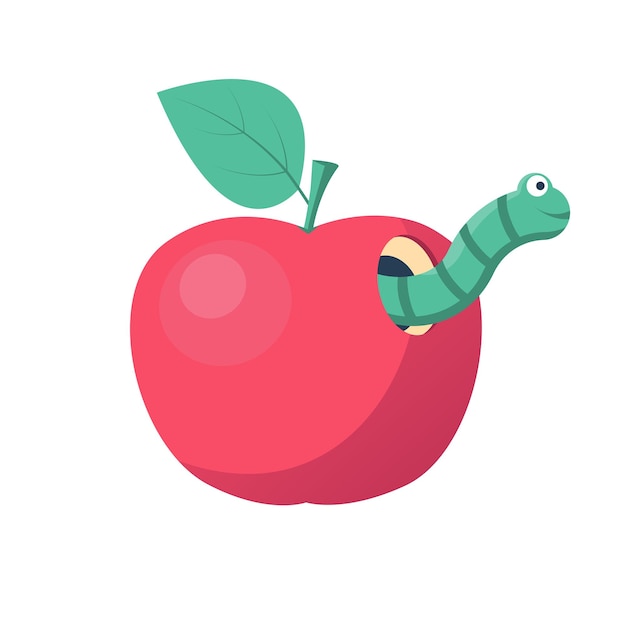 Leuke groene worm die uit een appel komt. Lachende cartoon worm in de appel. Cartoon ontwerp. Vector.