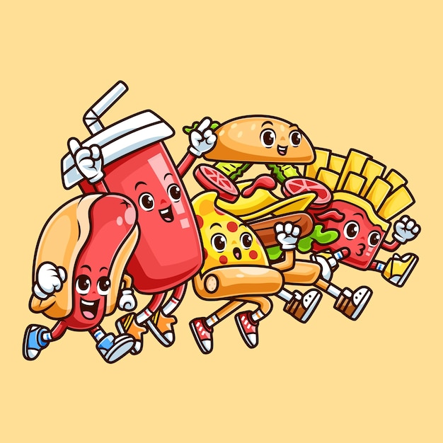 Leuke groep fastfood personage die samen speelt Cartoon Vector Icon Illustratie Food Object Flat
