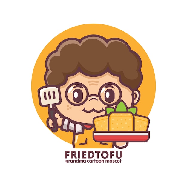 Leuke grootmoeder met tofu en spatula chef-kok mascotte cartoon voedsel logo