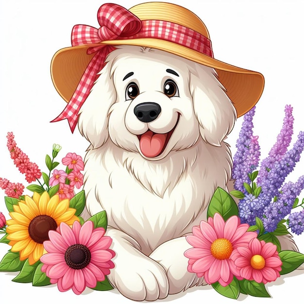 Vector leuke grote pyreneeën hond en bloemen vector cartoon illustratie