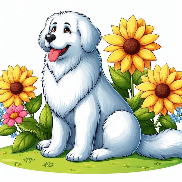 Leuke Grote Pyreneeën Hond en Bloemen Vector Cartoon illustratie