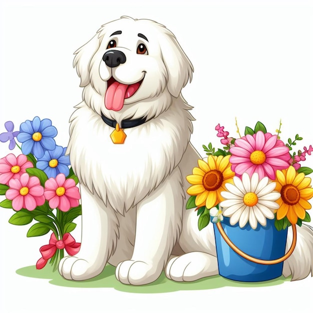 Vector leuke grote pyreneeën hond en bloemen vector cartoon illustratie