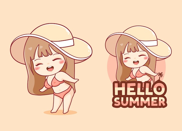 Leuke Hallo zomer achtergrond met kawaii meisje bikini cartoon afbeelding