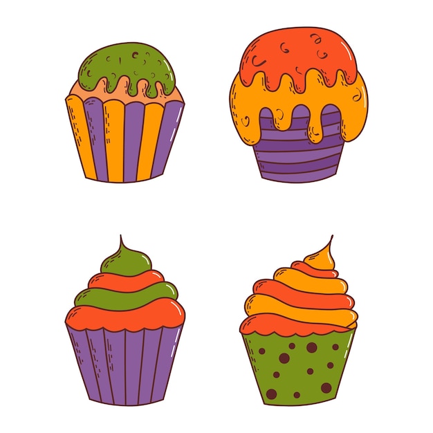 Vector leuke halloween cupcakes halloween elementen trick or treat concept illustratie in de hand getekende stijl