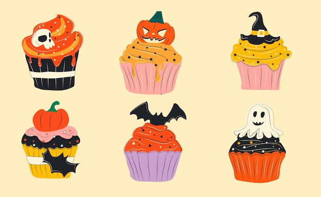 Leuke halloween cupcakes stripfiguren, stickers collectie in de hand getekende stijl. Vector