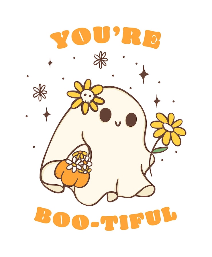 Vector leuke halloween-geest met madeliefjebloem kawaii retro bloemen cartoon doodle omtrek tekenen