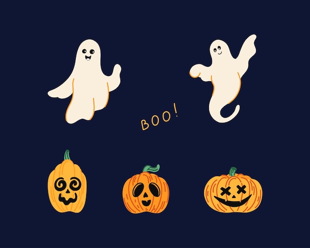 Leuke Halloween-illustraties met pompoenen en spoken vectorillustratieset