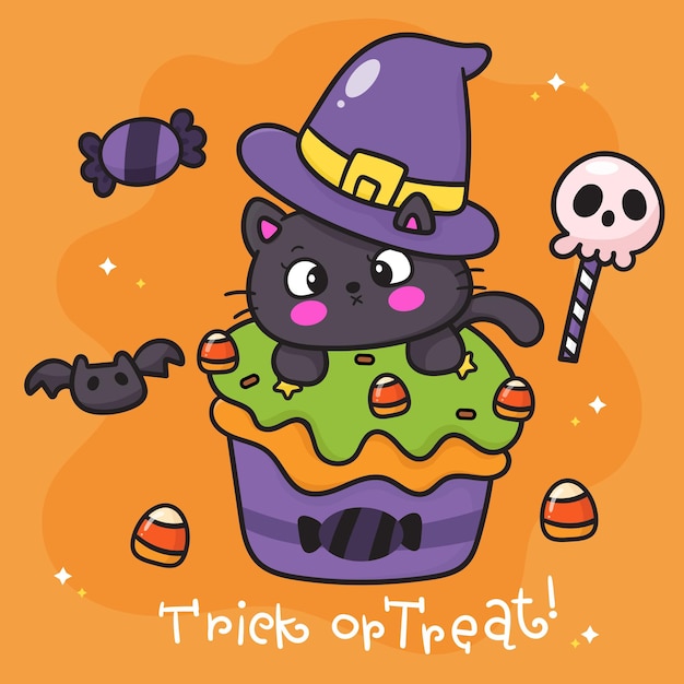 Leuke Halloween-kat op griezelige cupcake met snoepgraan en schedel.