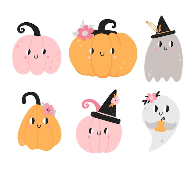 Leuke halloween-personages grappige pompoen griezelige geest roze kleuren kinderachtig prints en kaarten feestdecoratie collectie vector cartoon platte geïsoleerde illustratie set