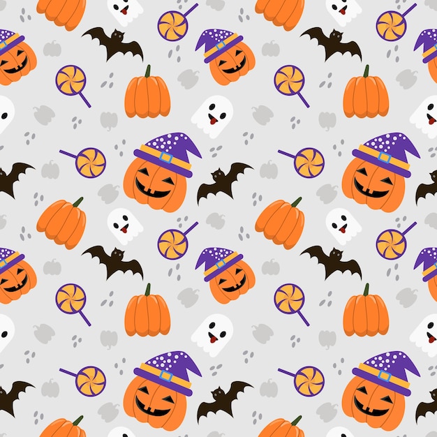 Vector leuke halloween-pompoen met hoed en vleermuis naadloos patroon voor textielbehang cadeaupapier