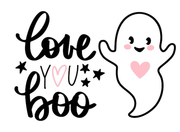 Leuke Halloween-spookillustratie. Vector Spooky stripfiguur. Hou van je Boo Hand getrokken belettering zin.