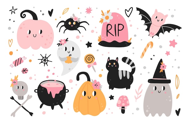 Vector leuke halloween-tekens grappige pompoen spooky spook zwarte kat en spin roze kleuren kinderachtig prenten en kaarten feestdecoratie collectie vector cartoon platte geïsoleerde illustratie set