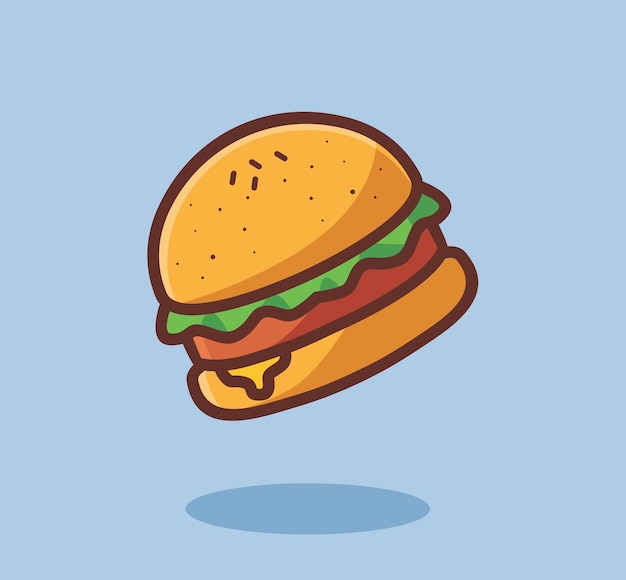 Leuke hamburger met gesmolten kaas cartoon voedsel concept geïsoleerde illustratie platte cartoon stijl geschikt voor sticker pictogram ontwerp Premium logo vector