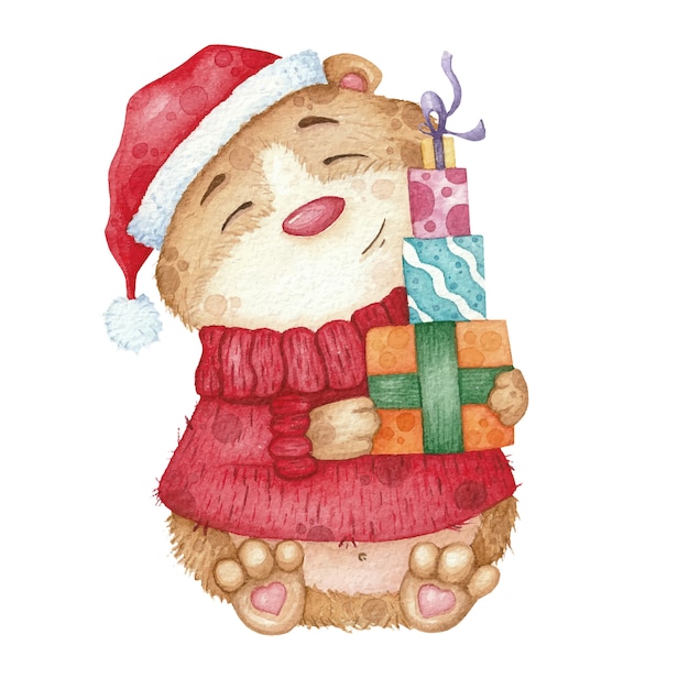 Leuke hamster in rode trui en hoed met geschenken. aquarel illustratie voor kerstmis