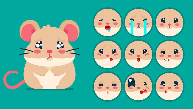 Leuke hamster set van dierlijke emoties kleine muis met emoji collocatie slapen huilen verdrietig