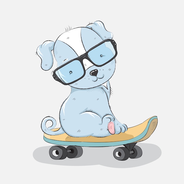 Leuke hand getrokken beeldverhaalhond op een skateboard.