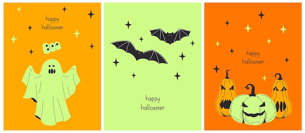 Leuke hand getrokken Halloween-kaarten Ghost boo Bat Pumpkin Stars op een oranje groene achtergrond Happy