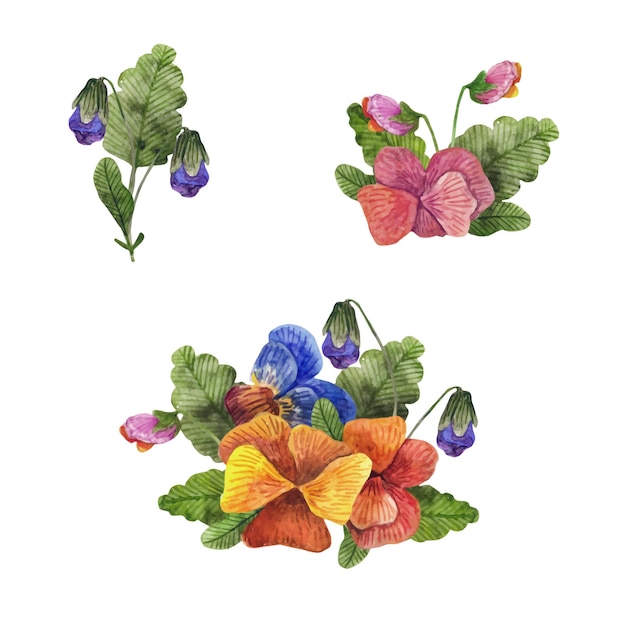 Leuke handgetekende aquarel viooltje bloemen bloeiende set