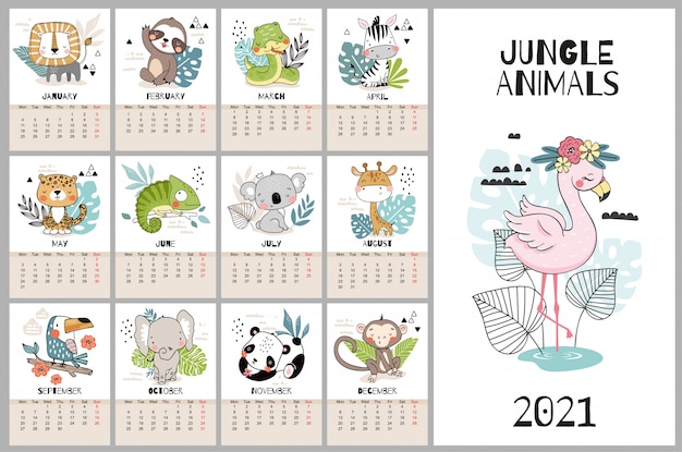Vector leuke handgetekende kalender voor 2021 met jungle dieren karakters.